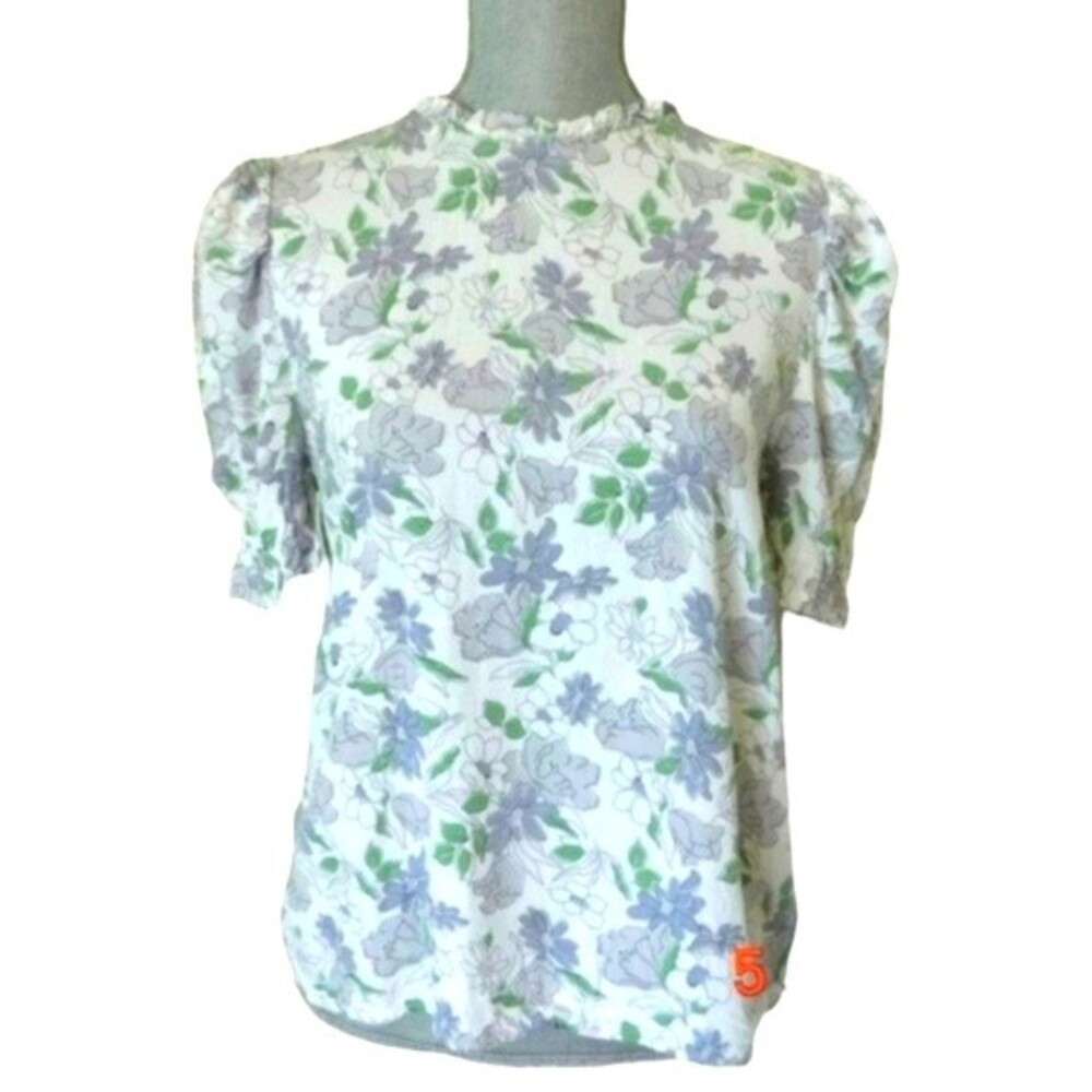 LOFT purple green white floral shirt blouse puff short sleeves size medium